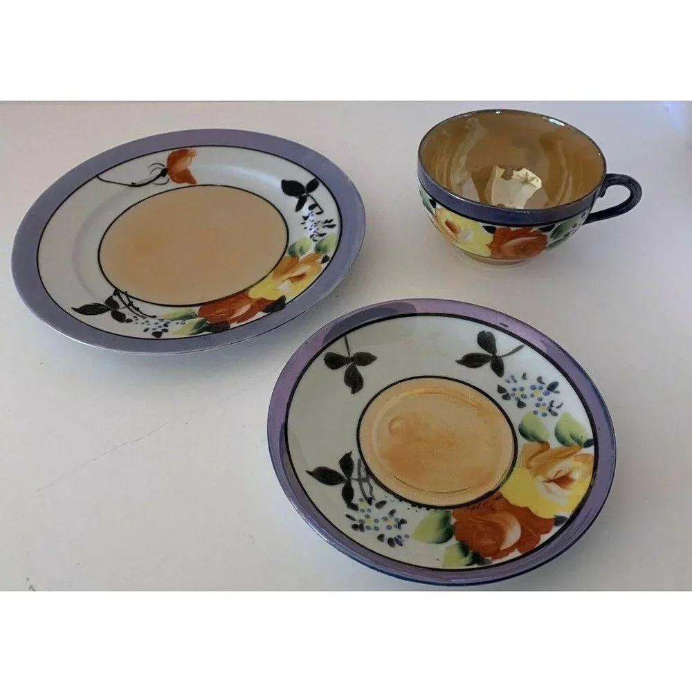Vintage Lusterware Dessert Plate Cup Saucer Japan Peach Blue Floral Lustreware - Picture 3 of 5